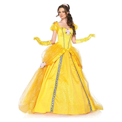 Elegant yellow Beauty and the Beast cosplay costume featuring a flared skirt and puff sleeves