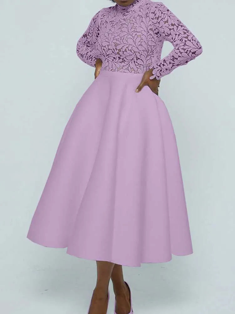 EtherealBe lilac midi dress with high neck lace bodice and full skirt elegant lace party dress for women