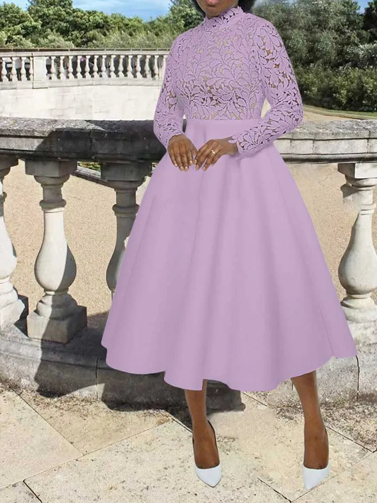Woman wearing a lavender elegant lace party dress for women with high neck long sleeves and full A line skirt