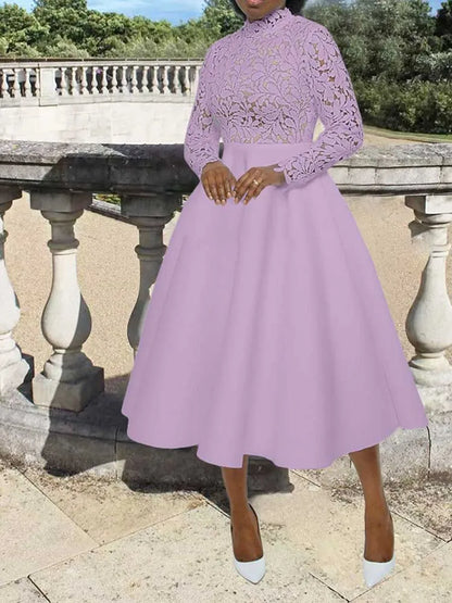 Woman wearing a lavender elegant lace party dress for women with high neck long sleeves and full A line skirt