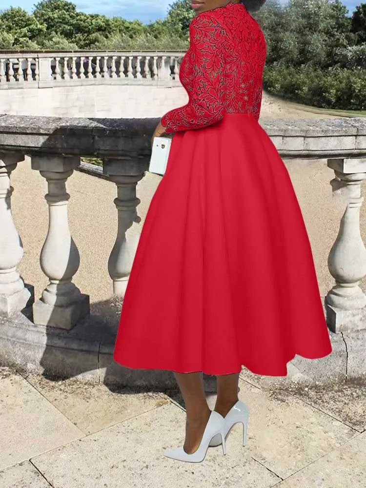 Woman in red midi dress with lace bodice and full skirt by EtherealBe elegant lace party dress for women outdoors