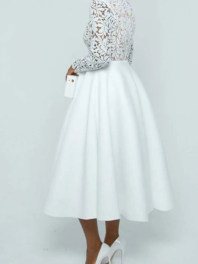EtherealBe elegant lace party dress for women white long sleeve floral lace bodice full A line midi skirt