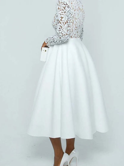 EtherealBe elegant lace party dress for women white long sleeve floral lace bodice full A line midi skirt