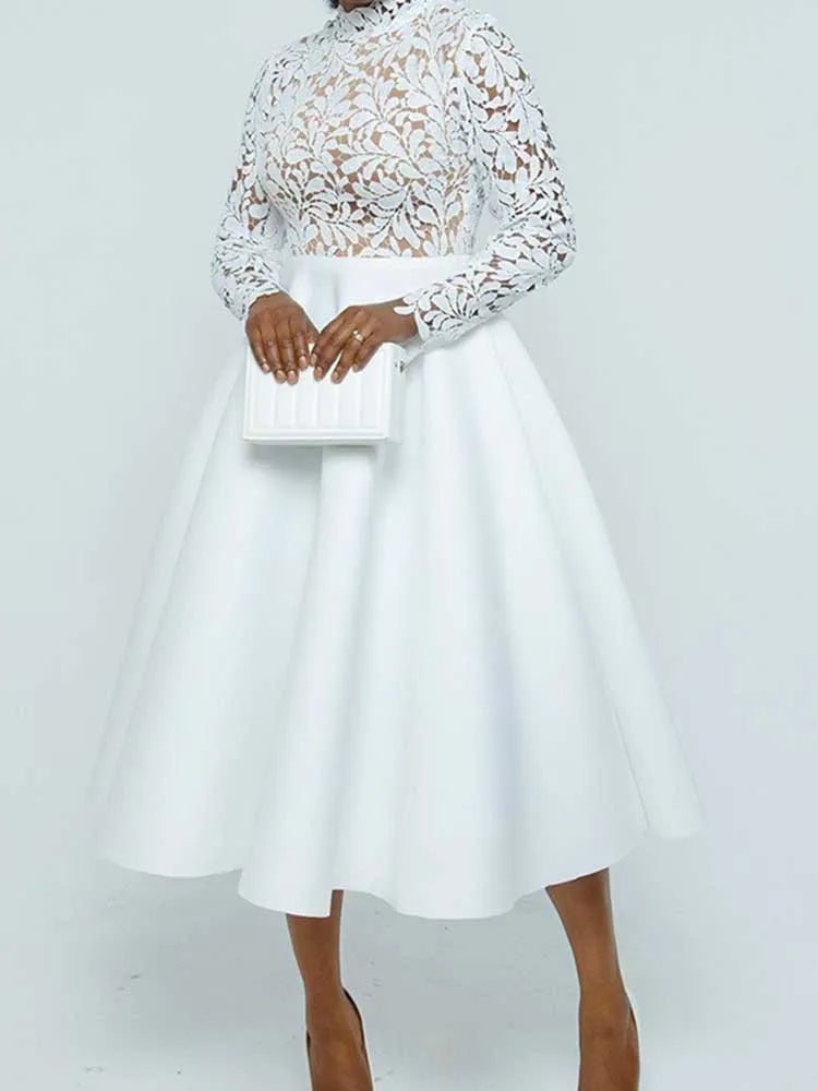 EtherealBe elegant lace party dress for women high neck long sleeve floral lace bodice fitted waist full midi skirt
