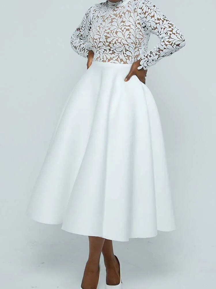 EtherealBe elegant lace party dress for women white midi with high neck long lace sleeves and pockets