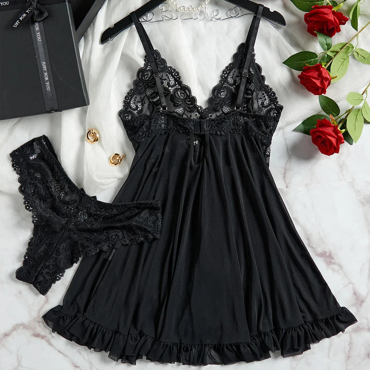 EtherealBe black lace nightgown set for women with lace cups and matching thong flat lay with red roses