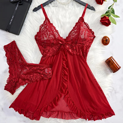 EtherealBe red lace nightgown set for women with floral lace bodice adjustable straps and matching lace panties