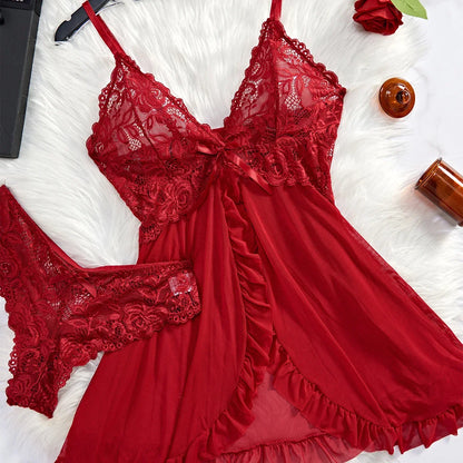 EtherealBe red lace nightgown set for women with sheer lace bodice adjustable straps ruffled hem and matching lace panties