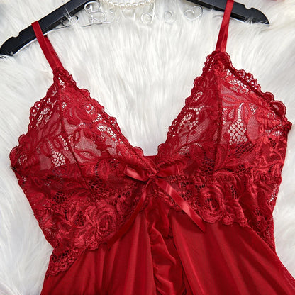 Red lace nightgown with sheer floral lace bodice satin bow and adjustable straps on hanger lace nightgown set for women