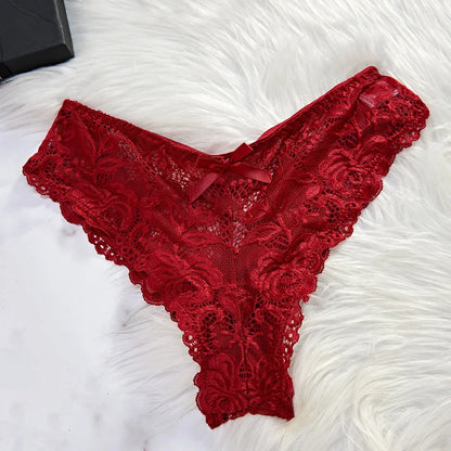 Red floral lace panties on white faux fur EtherealBe lingerie photo part of lace nightgown set for women