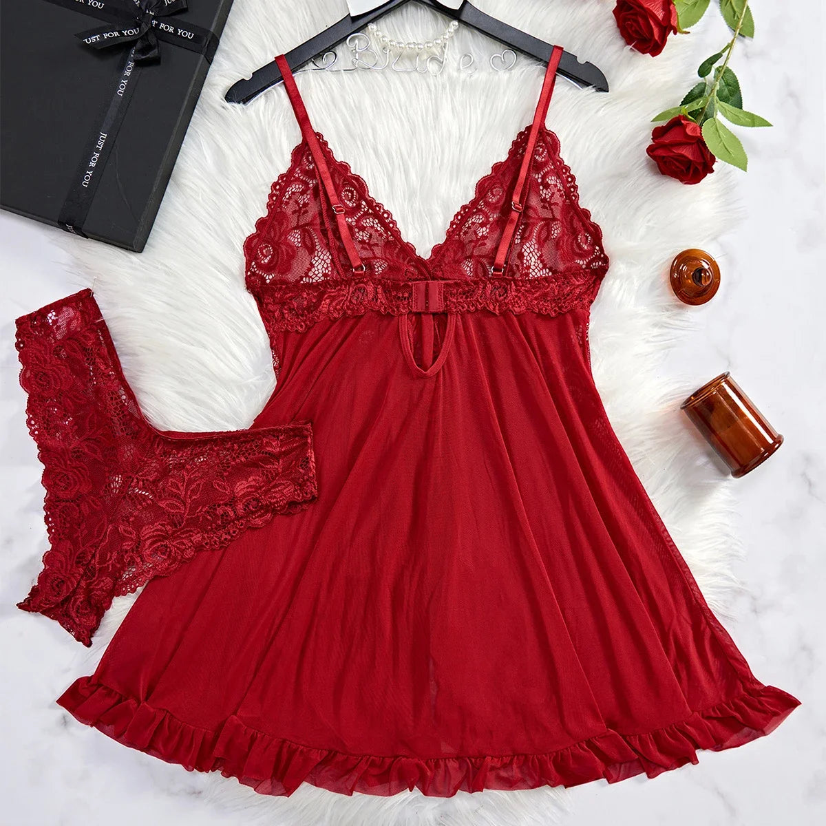 EtherealBe red lace nightgown set for women with lace bodice and matching panties styled with roses