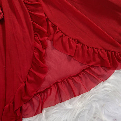 Close up of red ruffled lace nightgown set for women showing sheer mesh panels and delicate ruffle trim