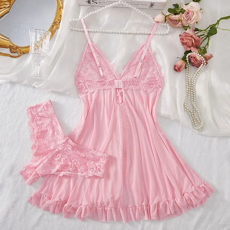 Pink lace nightgown set for women with sheer babydoll slip ruffle hem adjustable straps and matching lace panties