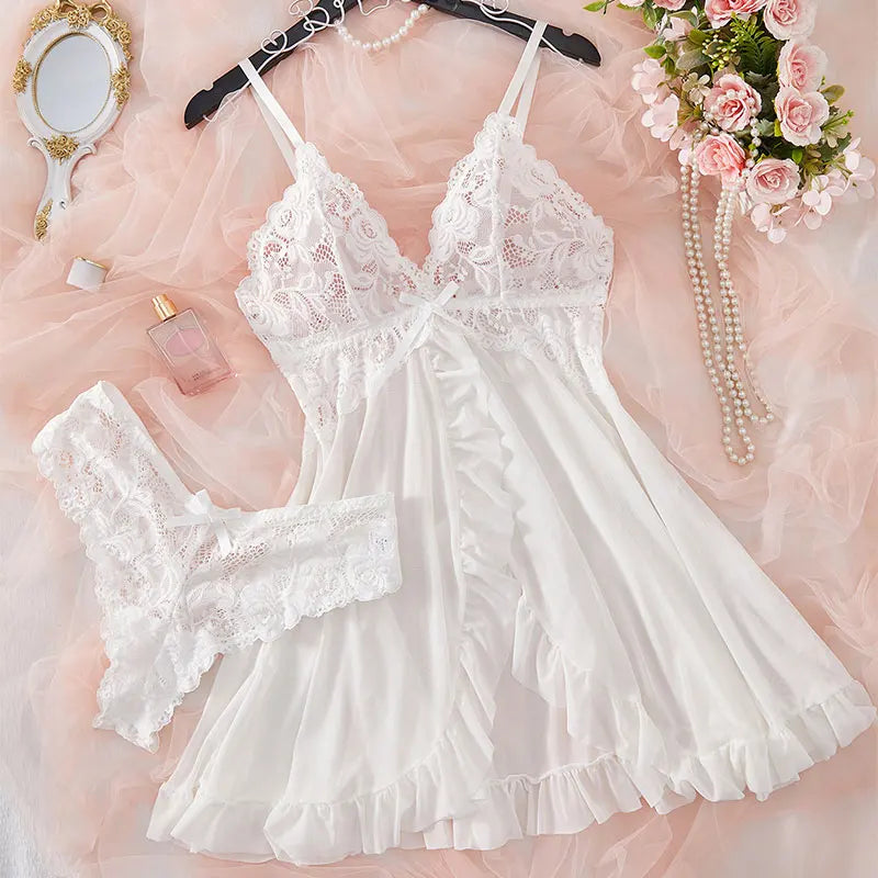 EtherealBe white lace nightgown set for women with lace bodice ruffled hem and matching lace panties
