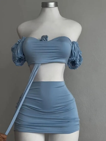 EtherealBe light blue ruched off shoulder lace up tube top and skirt set on mannequin