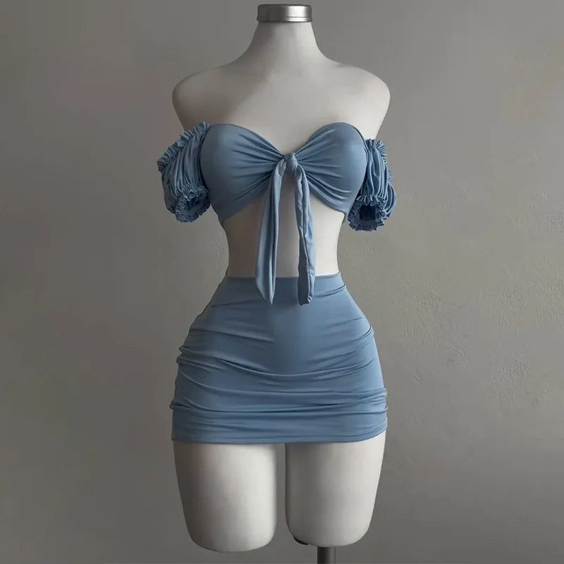 EtherealBe light blue lace up tube top and skirt set on mannequin with off shoulder puff sleeves and ruched mini skirt