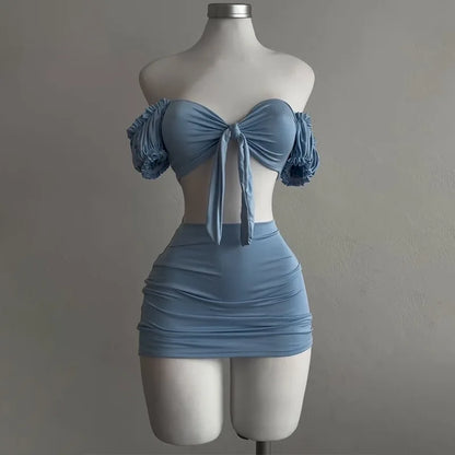 EtherealBe light blue lace up tube top and skirt set on mannequin with off shoulder puff sleeves and ruched mini skirt