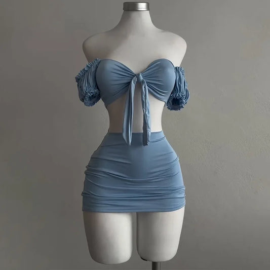 EtherealBe light blue lace up tube top and skirt set on mannequin with off shoulder puff sleeves and ruched mini skirt