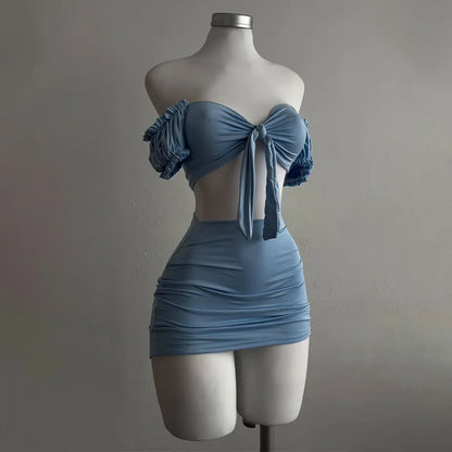EtherealBe light blue lace up tube top and skirt set on mannequin with ruched mini skirt and tie front top