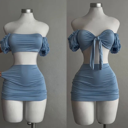 EtherealBe light blue lace up tube top and skirt set with ruched off shoulder sleeves and bodycon mini skirt