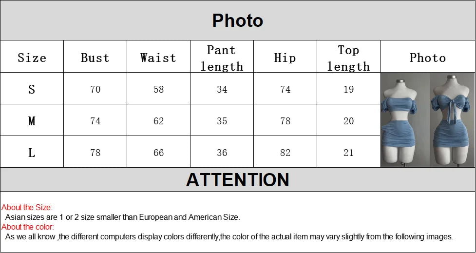 EtherealBe blue lace up tube top and skirt set on mannequins with size chart showing S M L measurements