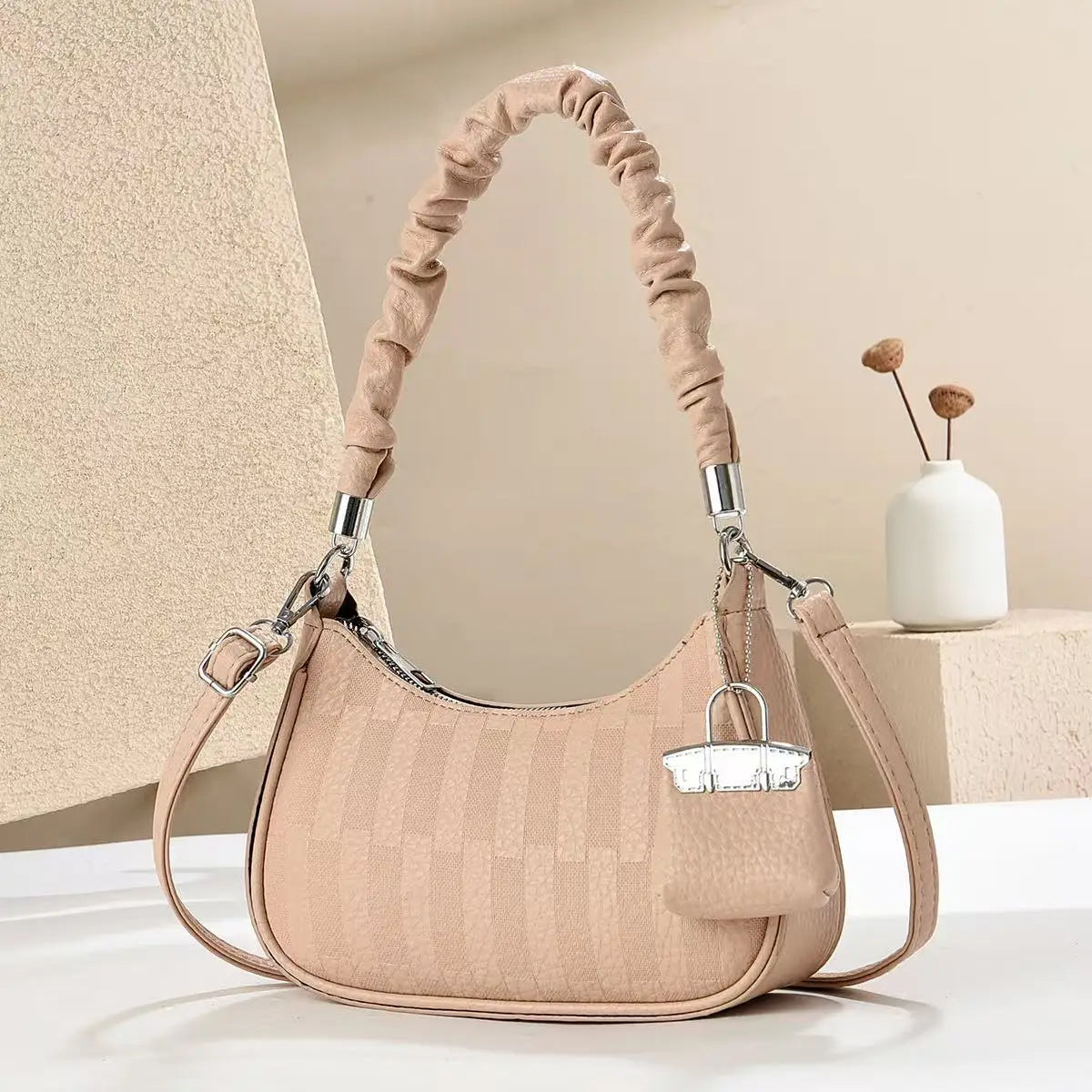 EtherealBe beige ruched handle light luxury niche shoulder bag with detachable strap checker texture and silver hardware