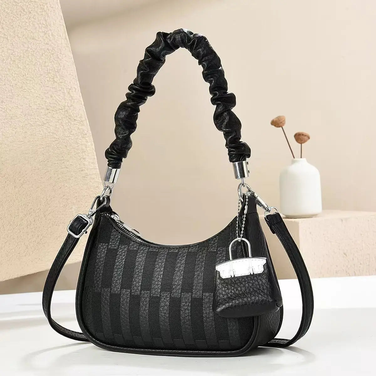 EtherealBe black crescent handbag with scrunched top handle and detachable strap light luxury niche shoulder bag