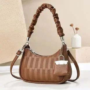 EtherealBe light luxury niche shoulder bag in brown with ruched handle, detachable strap, textured pattern and padlock charm