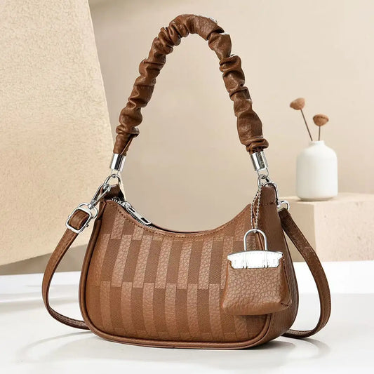 EtherealBe brown ruched handle small leather bag with detachable strap and charm light luxury niche shoulder bag