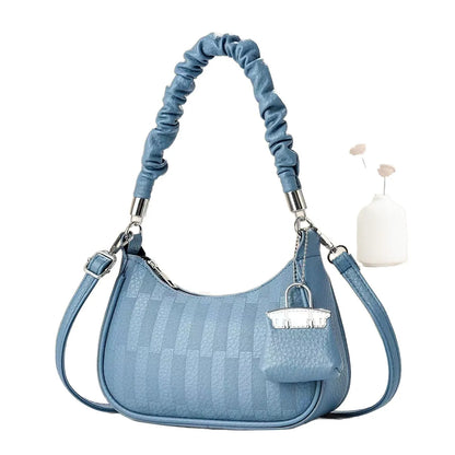 Light blue light luxury niche shoulder bag with ruched handle detachable strap checker texture and mini pouch