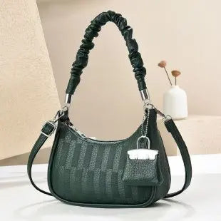 EtherealBe dark green textured light luxury niche shoulder bag with ruched handle detachable crossbody strap and mini pouch charm