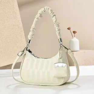 EtherealBe light luxury niche shoulder bag in cream with ruched handle detachable strap and silver hardware