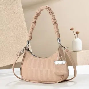 Beige checkered leather light luxury niche shoulder bag with ruched top handle detachable strap silver hardware and mini pouch