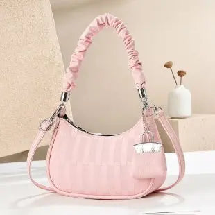 EtherealBe pink light luxury niche shoulder bag crescent quilted design with ruched handle and detachable strap