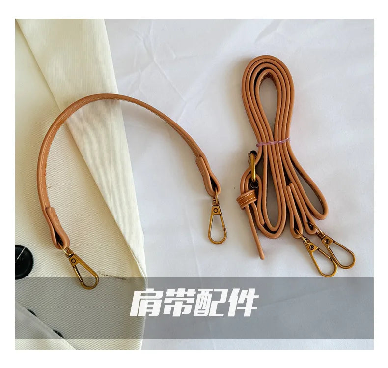 Tan leather replacement straps with gold clasps for versatile small square tote bag short handle and adjustable crossbody strap
