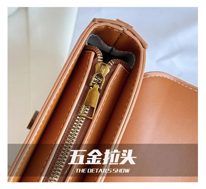 EtherealBe versatile small square tote bag close up of tan leather interior compartments and gold zipper