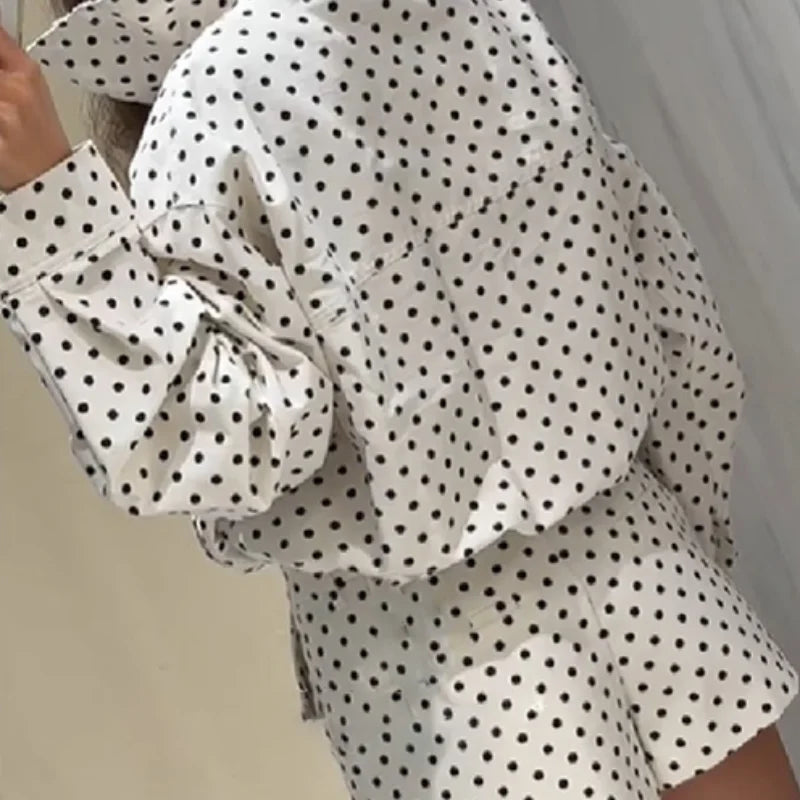 EtherealBe white polka dot crop top and shorts set with puff sleeves casual chic polka dot matching set