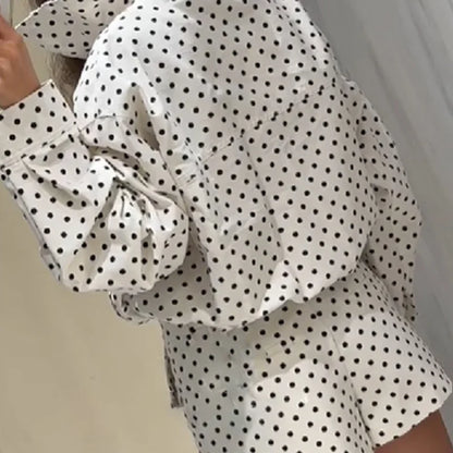 EtherealBe white polka dot crop top and shorts set with puff sleeves casual chic polka dot matching set