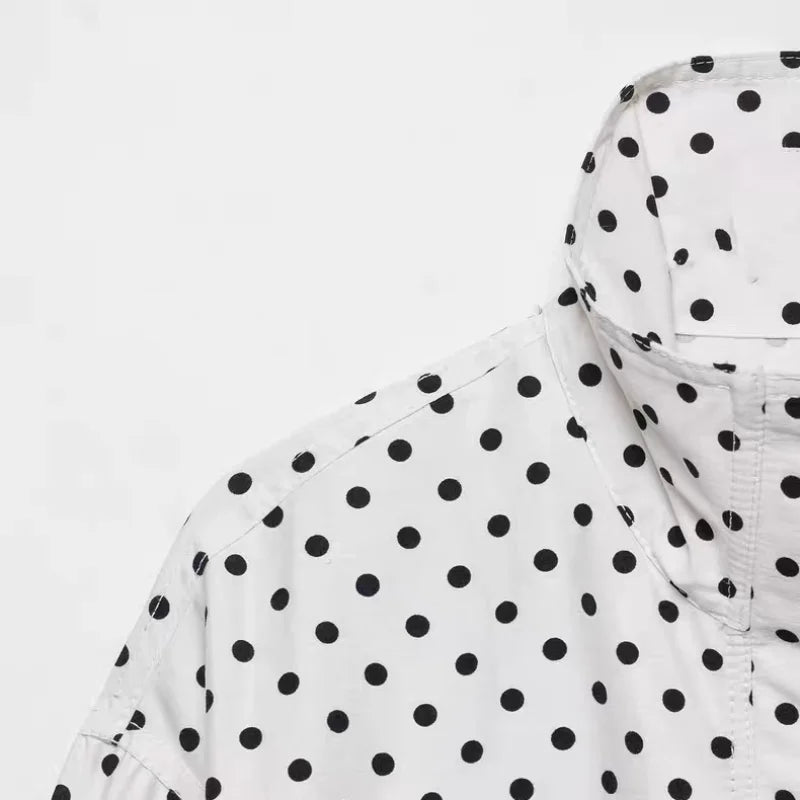 EtherealBe casual chic polka dot matching set white button front shirt with black dots and stand collar