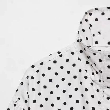 EtherealBe casual chic polka dot matching set white button front shirt with black dots and stand collar