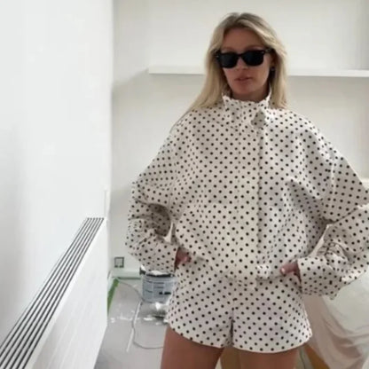 Woman in EtherealBe casual chic polka dot matching set oversized long sleeve jacket and matching shorts