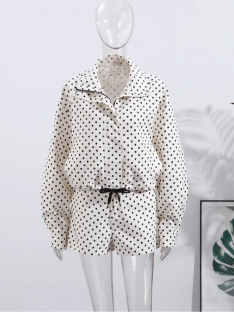 EtherealBe casual chic polka dot matching set white jacket and shorts with black drawstring on mannequin