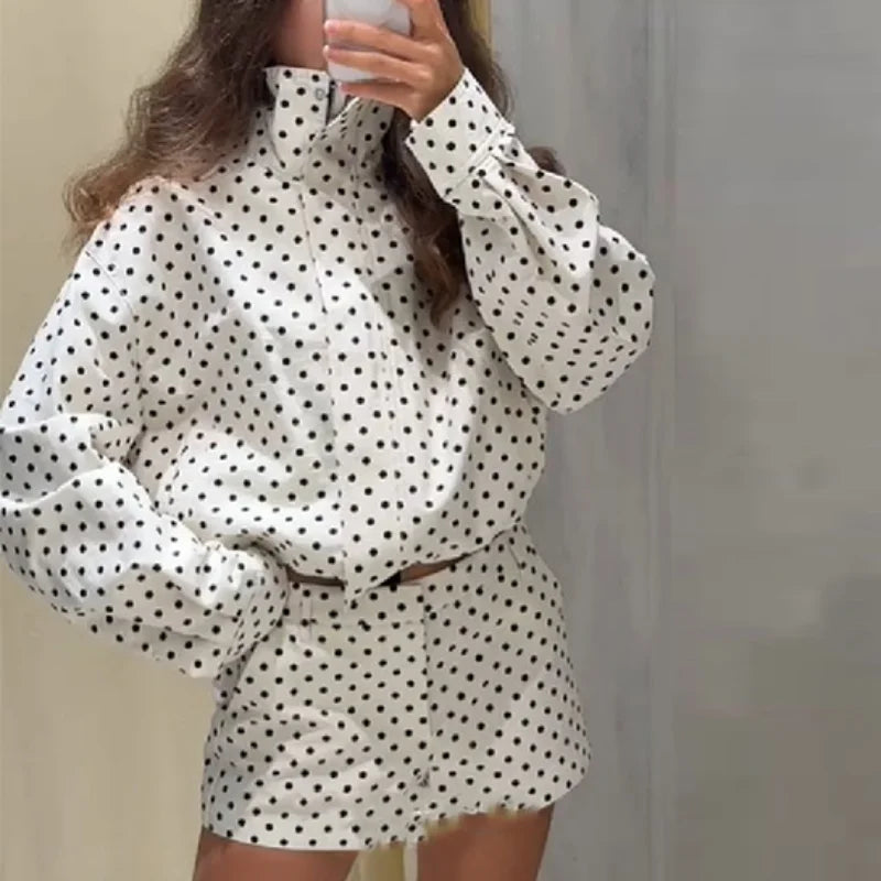 EtherealBe casual chic polka dot matching set white long sleeve high neck blouse with relaxed shorts