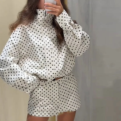 EtherealBe casual chic polka dot matching set white long sleeve high neck blouse with relaxed shorts