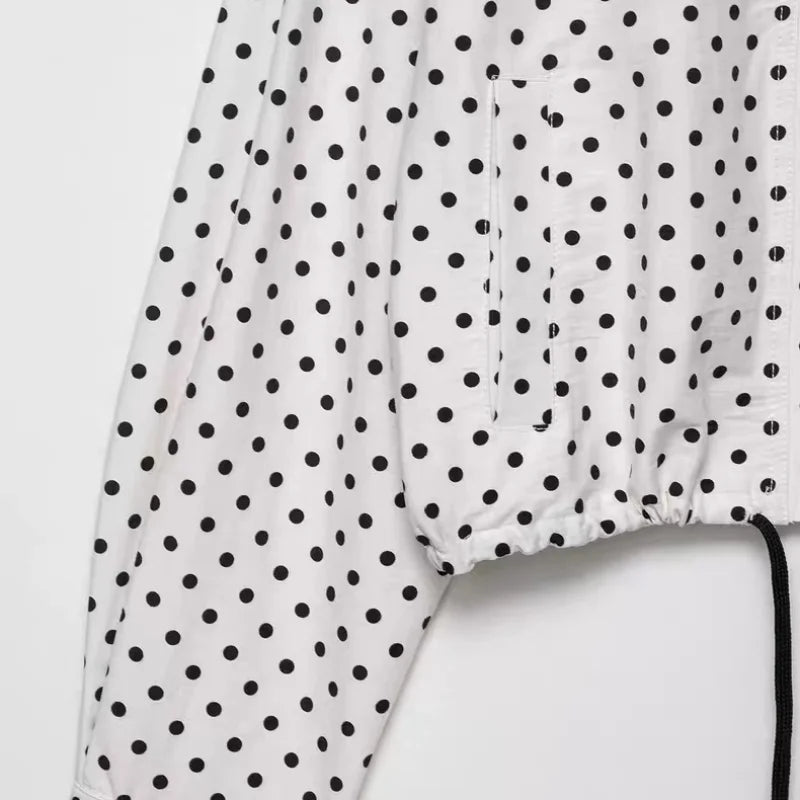 EtherealBe white top with black polka dots, elastic drawstring hem and front pocket casual chic polka dot matching set