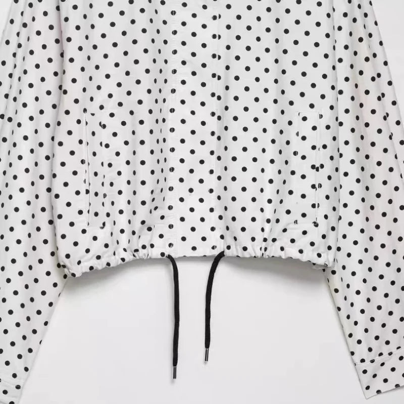 EtherealBe white cropped button jacket with black drawstring hem and long sleeves casual chic polka dot matching set