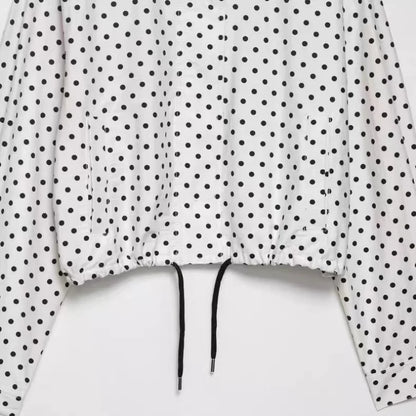 EtherealBe white cropped button jacket with black drawstring hem and long sleeves casual chic polka dot matching set
