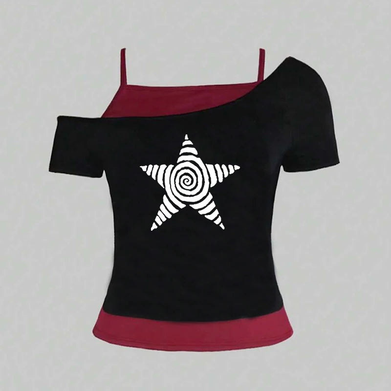 EtherealBe black and white star print top with off-the-shoulder design and colorful accents