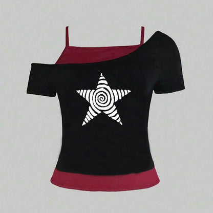 EtherealBe black and white star print top with off-the-shoulder design and colorful accents
