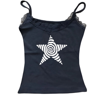 EtherealBe black and white star print top featuring a spiral star design and lace trim